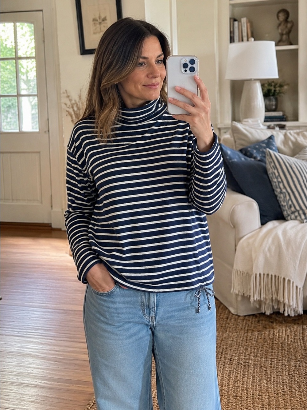 Lands’ End Striped Funnel Neck Waffle Knit Top XL Navy Cotton Stretch Nautical